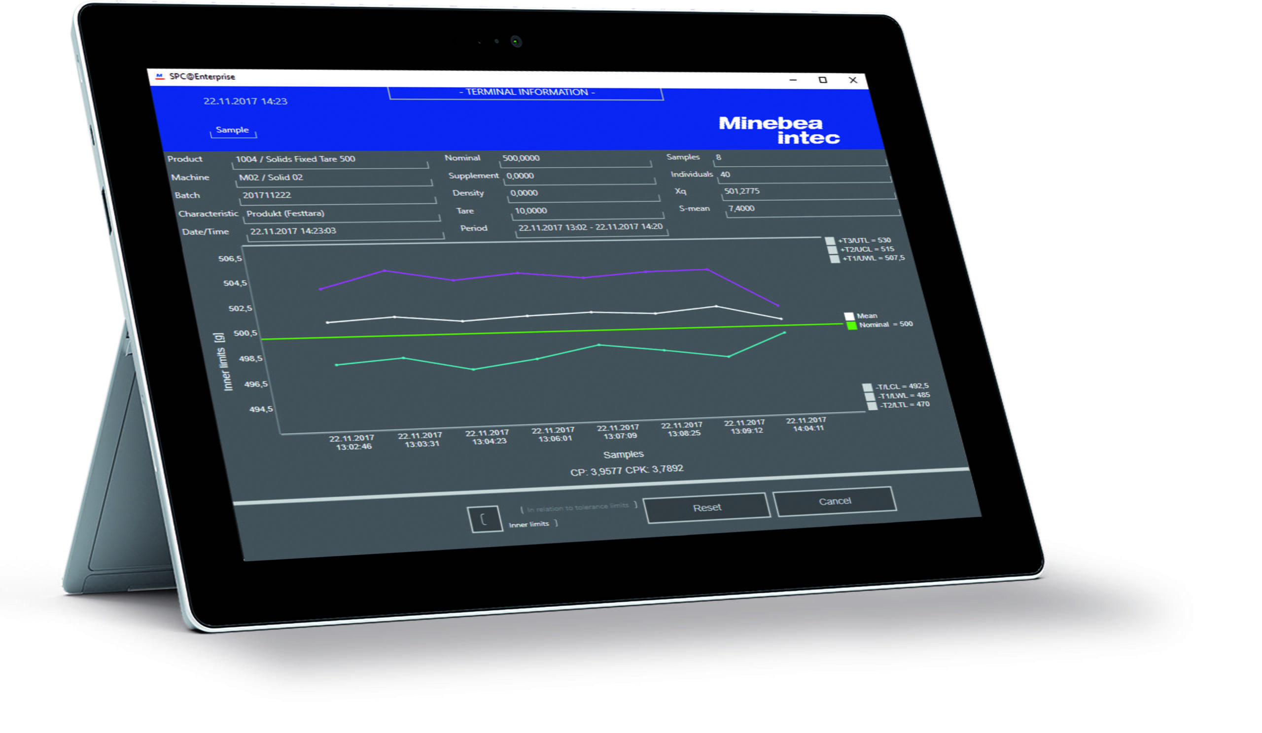 A tablet with data image from Minebea Intec SPC@Enterprise software.