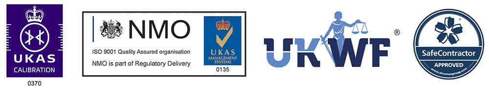 Northern Balance accreditations and industry bodies, (L-R): UKAS accreditation (No 0370), ISO 9001 certification (No. 0135), UK Weighing Federation logo and Safe Contractor logo