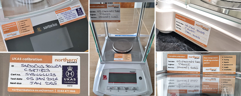 Northern Balance service, calibration and test labels applied to weighing instruments
