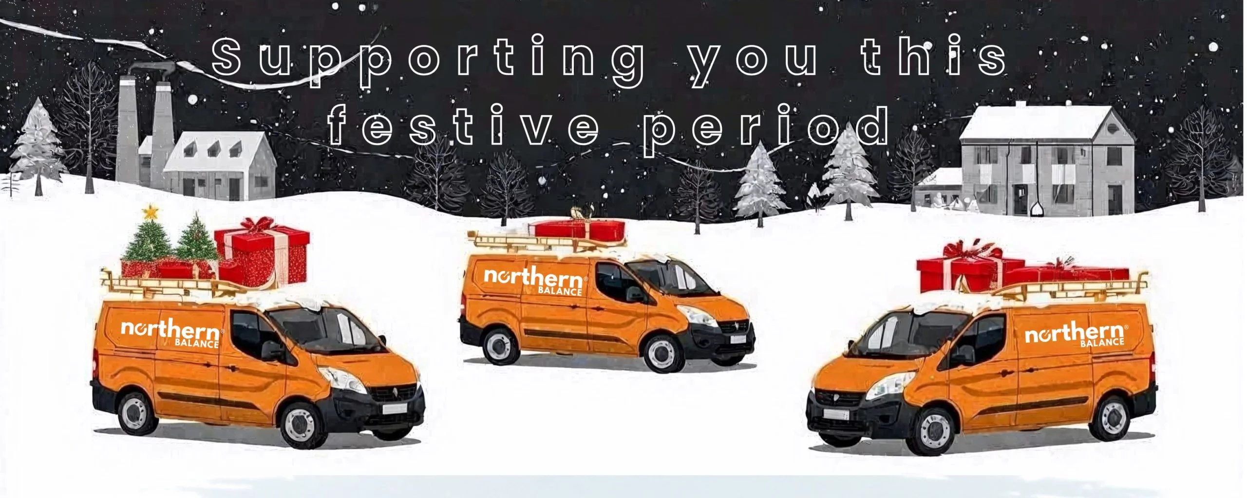 Orange Northern Balance vans carrying Christmas presents and trees on their roofs parked on snowy ground with factory and office buildings in night time backdrop